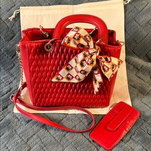 Anne Klein Red Quilted Handbag with Scarf Accent and unknown credit card holder